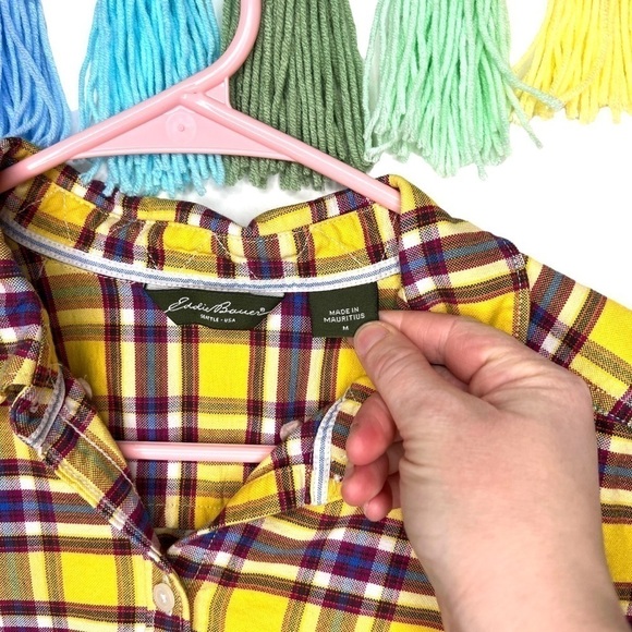 Y2K Eddie Bauer Rustic Plaid Yellow Purple Plaid Flannel Button Shirt Medium - Picture 6 of 13